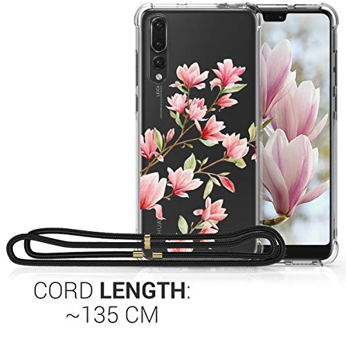 kwmobile Carcasa con Cuerda Compatible con Huawei P20 Pro - Funda Transparente con Colgante en Rosa Claro/Blanco/Transparente