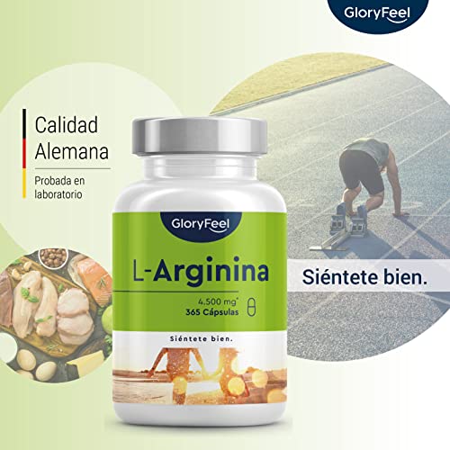 L-Arginina - 365 cápsulas veganas - 4500mg de L-Arginina HCL vegetal por dosis diaria (= 3750mg de L-Arginina pura) - Probado en laboratorio, alta dosificación