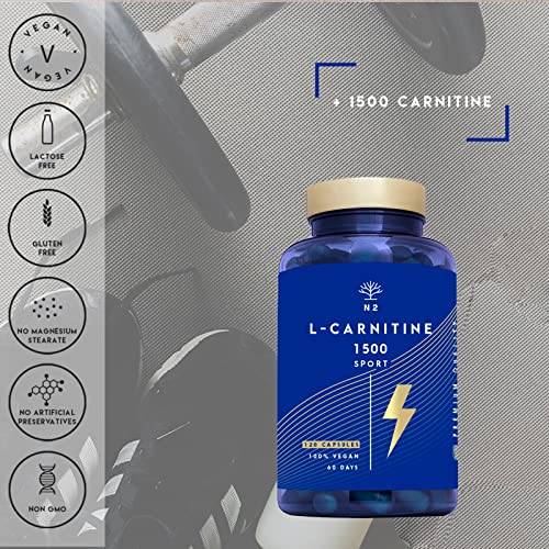 L-CARNITINA Natural 1500 Complemento L Carnitina Quemagrasas Mejora Energía Resistencia Rendimiento Deportivo Ayuda Adelgazar. 120 Cápsulas Vegetal 1500 mg CE Certificado VEGANO.N2 Natural Nutrition