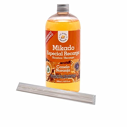 La Casa de los Aromas, Ambientador Mikado Reposición Canela Naranja, 500ml con regalo de sticks de recambio