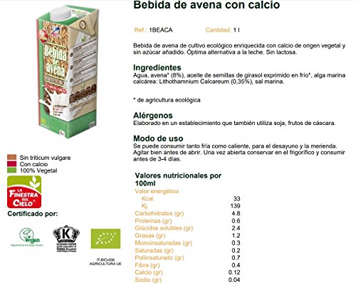 LA FINESTRA SUL CIELO Bebida Vegetal De Avena Con Calcio - Paquete De 6 X 1000 Ml, 6000 Mililitro, 6 Unidades