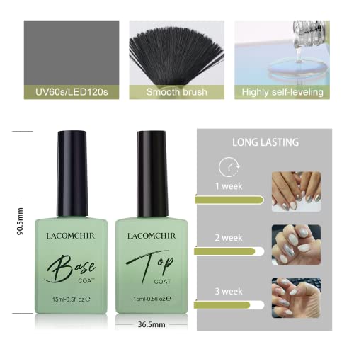 LACOMCHIR Base y Top Coat Semipermanente- 15ML x 2Pcs Esmaltes Permanentes Para Uñas Set, Brille y Más Duradero ( Necesidad de Una Lámpara LED/UV)