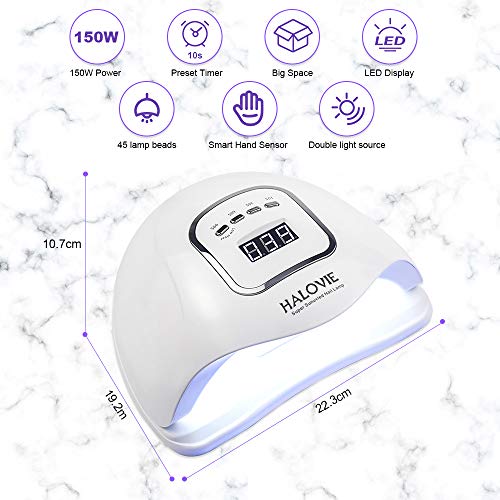 Lámpara LED UV Uñas, HALOVIE 150W Lámpara Secador de Uñas LED UV Gel Esmalte de Uñas Curado Luz Máquina Pantalla LCD Táctil Sensor Automático con 4 Temporizadores Profesional para Manicura Pedicura