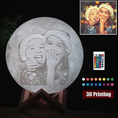 Lampara Luna Personalizada 3D Con Tu Foto Y Texto, USB Recargable 16 colores Control remoto y táctil controlar, Regalos para Novio, Novia, Amigo, Padre y Tu Madre, Moon Light Lamp Diámetro 18 cm