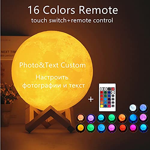 Lampara Luna Personalizada 3D Con Tu Foto Y Texto, USB Recargable 16 colores Control remoto y táctil controlar, Regalos para Novio, Novia, Amigo, Padre y Tu Madre, Moon Light Lamp Diámetro 18 cm