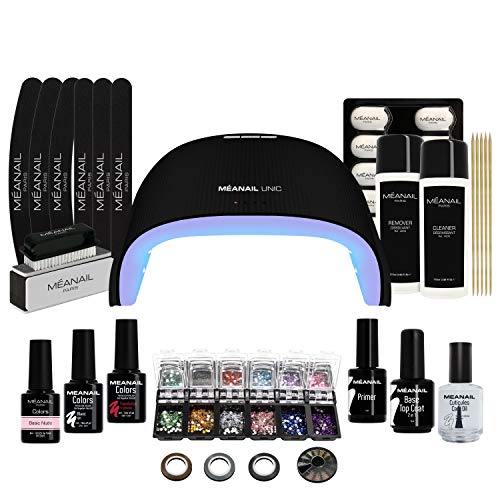 Lampara UV y LED 48W - Set Completo Secador de Uñas Gel Manicura y Pedicura - Kit Edition Deluxe Black con Decoración y Esmaltes Semipermanentes para Uñas - Cruelty free, Meanail Paris