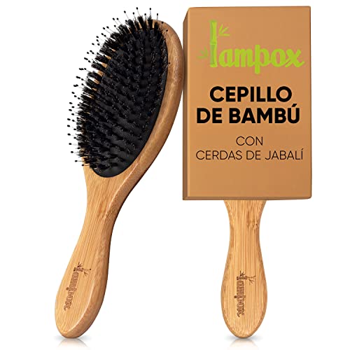 lampox® Cepillo de bambú con cerdas de jabalí, masaje de cabeza, cuidado del cabello