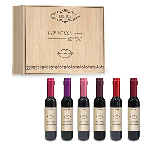 Lápiz labial impermeable para botella de vino, lápiz labial líquido mate, botella de vino, brillo labial, tinte de labios impermeable de larga duración (6 piezas+caja de regalo de madera)