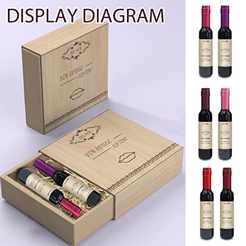 Lápiz labial impermeable para botella de vino, lápiz labial líquido mate, botella de vino, brillo labial, tinte de labios impermeable de larga duración (6 piezas+caja de regalo de madera)