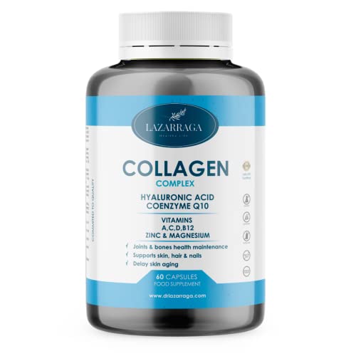 Lazarraga | Colágeno + Ácido Hialurónico + Coenzima Q10 + Zinc + Vitamina A + Vitamina B12 + Vitamina C + Vitamina D + Magnesio | 60 Caps - 2 Meses | Huesos, Cartílagos | Piel tersa