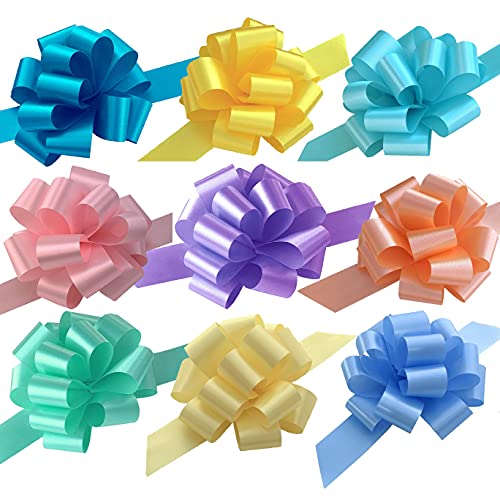 Lazos con cintas para tirar para Regalos de Pascua - 13 cm (5 in) de ancho, Set de 9, Rosa Claro, Narciso, Azul claro, Amarillo, Turquesa, Melón, Azul piscina, Lavanda, Lima