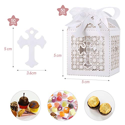 LEMESO 50 Cajas Papel para Dulces Recuerdos de Fiestas Boda Cajas Blanco de Cruz Hueco para Bautizo Bebe shower Decoración Boda con 50 Cintas de Seda y 50 Etiquetas