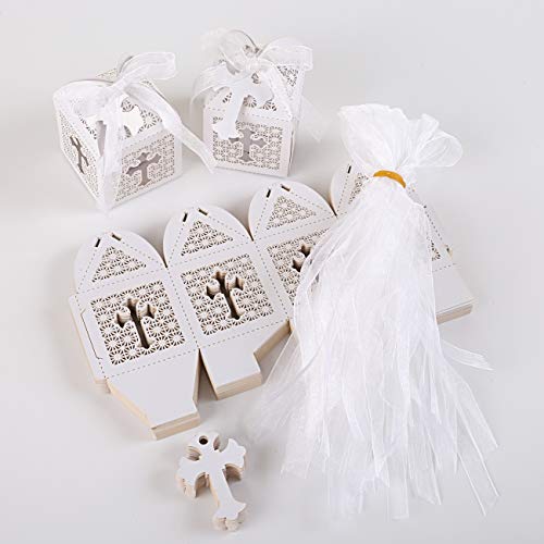 LEMESO 50 Cajas Papel para Dulces Recuerdos de Fiestas Boda Cajas Blanco de Cruz Hueco para Bautizo Bebe shower Decoración Boda con 50 Cintas de Seda y 50 Etiquetas