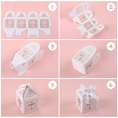 LEMESO 50 Cajas Papel para Dulces Recuerdos de Fiestas Boda Cajas Blanco de Cruz Hueco para Bautizo Bebe shower Decoración Boda con 50 Cintas de Seda y 50 Etiquetas