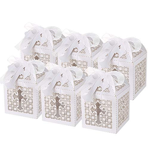 LEMESO 50 Cajas Papel para Dulces Recuerdos de Fiestas Boda Cajas Blanco de Cruz Hueco para Bautizo Bebe shower Decoración Boda con 50 Cintas de Seda y 50 Etiquetas