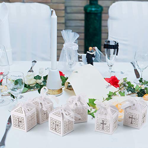 LEMESO 50 Cajas Papel para Dulces Recuerdos de Fiestas Boda Cajas Blanco de Cruz Hueco para Bautizo Bebe shower Decoración Boda con 50 Cintas de Seda y 50 Etiquetas