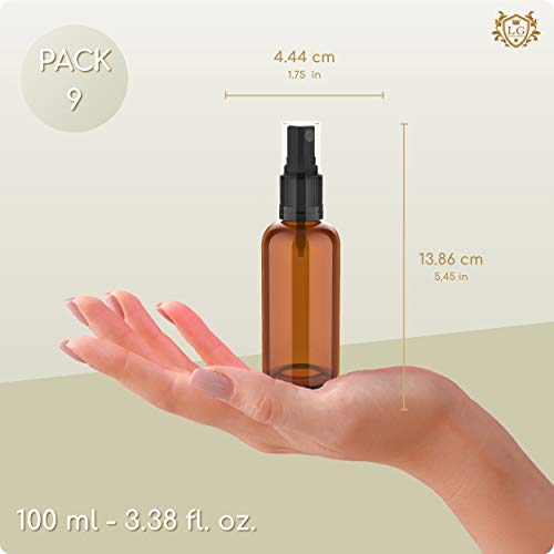 LG Luxury & Grace Pack 9 Botellas de Spray, 100 ml. Pulverizadores de Cristal Ámbar. Botellas Rellenables para Viajes. Botellas Rociadoras. Atomizadores para Perfumes y Cosméticos.