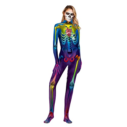 LGQ Disfraz de Halloween para Mujer, Esqueleto Humano, Estampado Digital, Bodycon, Catsuit, Cosplay, Mono de Fiesta de Halloween para Adultos,XL