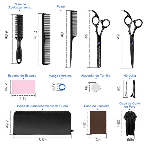 Lictin Tijeras de Peluquería Profesional-13PCS Juego de Tijeras de Pelo de Acero Inoxidable con Capa de Barbero, Peine, Clip y Bolsa de Almacenamiento para Hogar, Eluquería, Salón