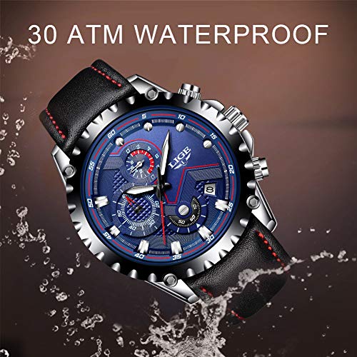 LIGE Relojes Hombre Lujo Azul Negocio Cuarzo Relojes Moda Impermeable Negro Cuero Relojes Militar Deportes Cronógrafo Relojes