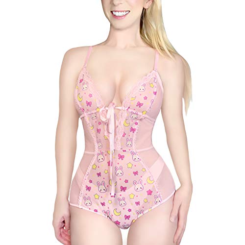 LittleForBig Prenda de Dormir para Mujer Neto Cuello en V Usagi una Pieza Baby Doll Lencería Bodysuit Rosa XS