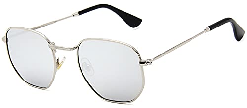 LIXUN Gafas de sol retro polarizadas para hombre y mujer, marco de metal, UV400, Silver Frame + White Mirror Lens