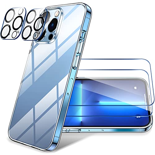 LK Funda Compatible con iPhone 13 Pro MAX 6.7 Pulgadas, 2 Pack HD Cristal Protector de Pantalla y 2 Vidrio Templado Protector de Lente de Cámara, Carcasa Suave TPU Silicona Cover - Clara