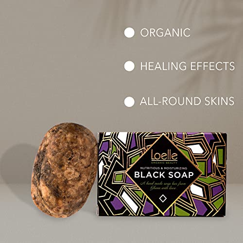 Loelle - Jabón Negro Africano Hecho Exclusivamente de Materias Primas Naturales - Barras de Jabones Sólidos Orgánicos - Ideal para el Cuerpo, la Cara y el Cabello - Pastilla hecha en Ghana (150g)