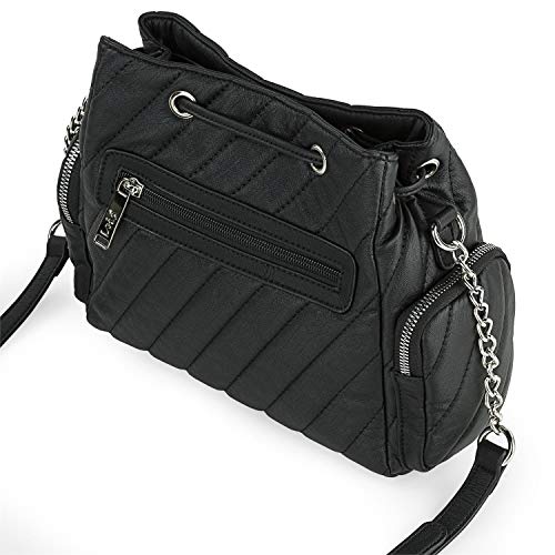 Lois - Bolso de Hombro para Mujer de Piel Ecológica con Asa Larga con Detalle de Cadena. Bolsillo Interior y Trasero con Cremallera. 2 Bolsillos Laterales 311182, Color Negro