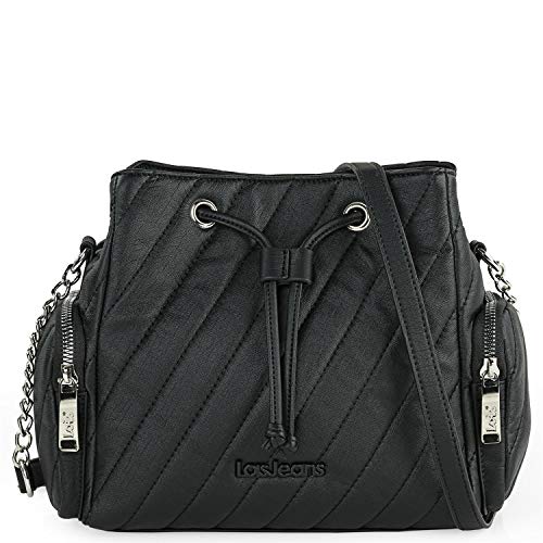 Lois - Bolso de Hombro para Mujer de Piel Ecológica con Asa Larga con Detalle de Cadena. Bolsillo Interior y Trasero con Cremallera. 2 Bolsillos Laterales 311182, Color Negro