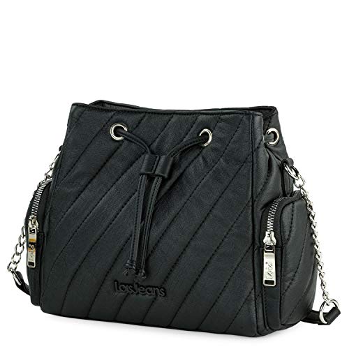 Lois - Bolso de Hombro para Mujer de Piel Ecológica con Asa Larga con Detalle de Cadena. Bolsillo Interior y Trasero con Cremallera. 2 Bolsillos Laterales 311182, Color Negro