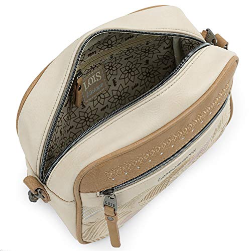 Lois - Bolso de Mujer con Asa Bandolera con Detalle Cadena Ajustable de Ecopiel Sintética PU. Bolsillos Delantero y Trasero con Cremallera310786, Color Beige