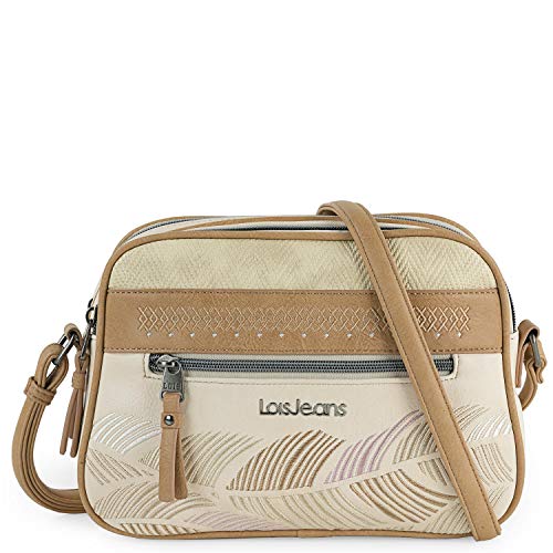 Lois - Bolso de Mujer con Bandolera Ajustable de Piel Vegana Sintética PU de Marca LOIS. Doble Departamento con Cremallera. Bolsillos Delantero y Trasero con Cremallera 310783, Color Beige