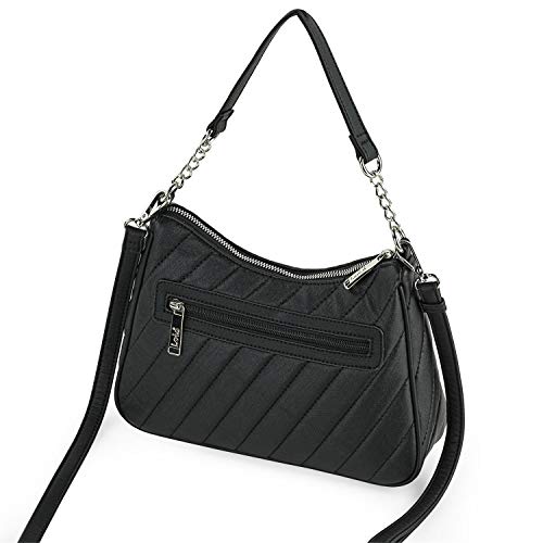 Lois - Bolso para Mujer de Piel Ecológica con Asa Corta para Hombro con Cadena y Asa Larga Ajustable. Cierre Cremallera. Bolsillo Trasero con Cremallera 311179, Color Negro