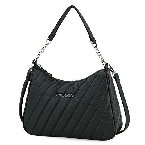 Lois - Bolso para Mujer de Piel Ecológica con Asa Corta para Hombro con Cadena y Asa Larga Ajustable. Cierre Cremallera. Bolsillo Trasero con Cremallera 311179, Color Negro