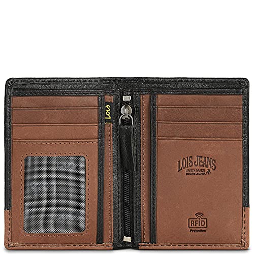 Lois - Cartera para Hombre Piel Genuina Cuero con Monedero. Bloqueo Antiescaneo de Seguridad RFID - Billetera con Tarjetero de Marca LOIS Diseñada en España 205418, Color Negro-Tan