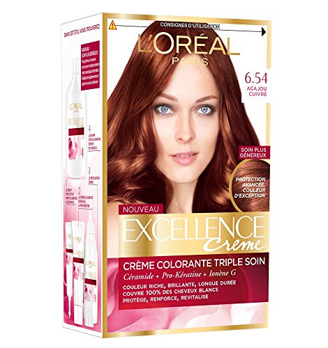 L'Oréal Paris - Excellence Crème - Coloration Permanente Triple Soin 100% Couverture Cheveux Blancs - Nuance 6,54 Acajou Cuivré