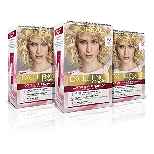 L'Oréal Paris Excellence Creme Tinte Permanente Triple Cuidado Cobertura Canas Tono 0 Rubio Clarísimo - Pack 3 Es, Amarillo