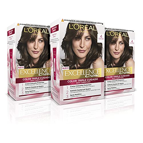 L'Oréal Paris Excellence Creme Tinte Permanente Triple Cuidado Cobertura Canas Tono 4 Castaño - Pack 3 Es, Marrón