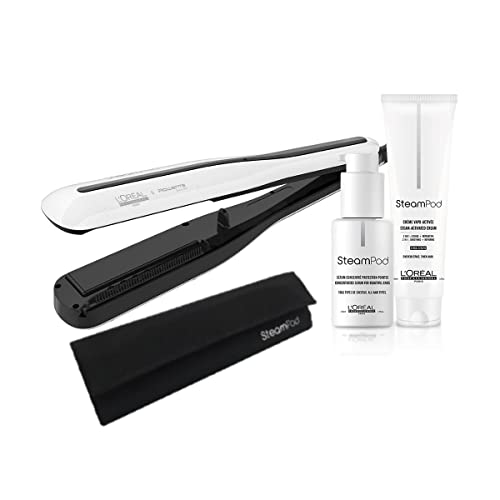 L'Oréal Professionnel | Plancha Profesional Potenciada por Vapor Steampod 3.0, Con Leche Protectora, Sérum Concentrado y Funda, Para Cabello Liso y Ondas Suaves, Pack Especial