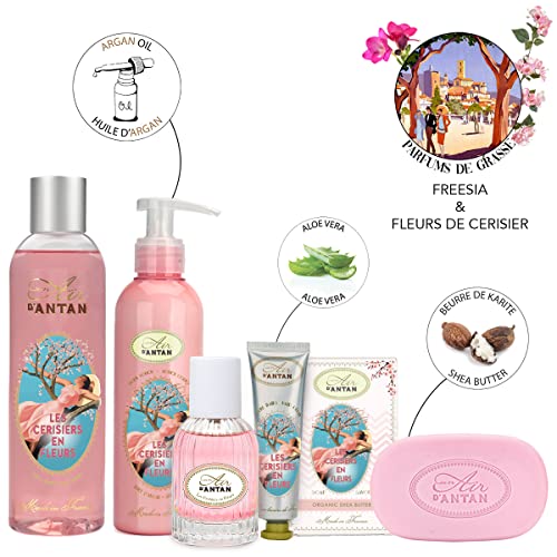 Lujoso Set de Regalo Para Baño Flor de Cerezo: 1 Eau de Toilette, 1 Gel de Ducha/Espuma de Baño, 1 Crema para Manos, 1 Jabón, 1 Loción Corporal, Un Air d'Antan/Regalos Para Mujer/Set Regalo Mujer