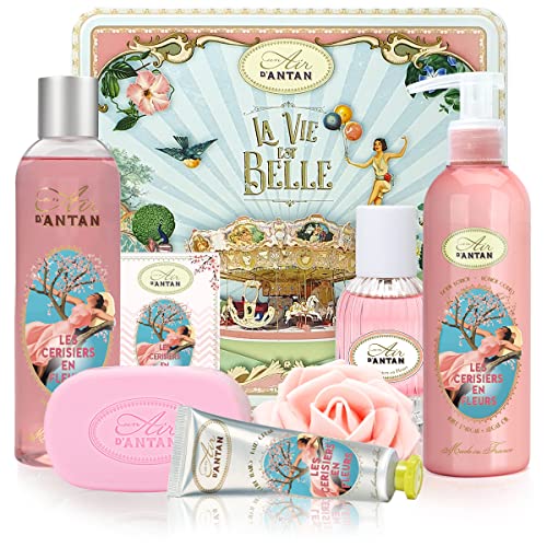 Lujoso Set de Regalo Para Baño Flor de Cerezo: 1 Eau de Toilette, 1 Gel de Ducha/Espuma de Baño, 1 Crema para Manos, 1 Jabón, 1 Loción Corporal, Un Air d'Antan/Regalos Para Mujer/Set Regalo Mujer