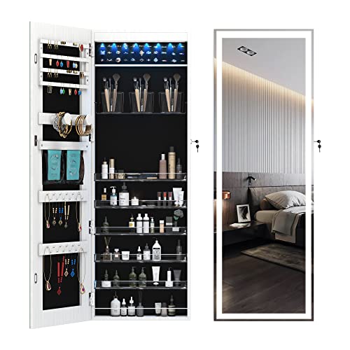 LVSOMT Armario para joyas con LED de cuerpo entero, espejo de pared, armario de joyas, armario de joyas, armario de madera, armario de almacenamiento con cerradura, color blanco…