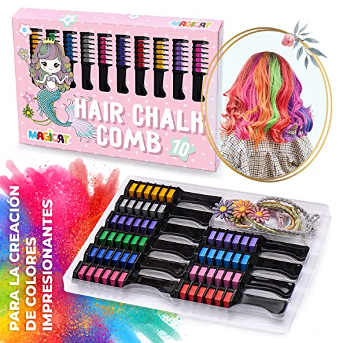 Magicat 10 peines con tizas para el pelo Premium I 10 colores diferentes y 5 coleteros I regalos de cumpleaños niñas, carnaval, cosplay I tiza temporal lavable I no tóxico I Hair Chalk Set