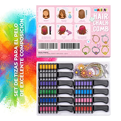 Magicat 10 peines con tizas para el pelo Premium I 10 colores diferentes y 5 coleteros I regalos de cumpleaños niñas, carnaval, cosplay I tiza temporal lavable I no tóxico I Hair Chalk Set