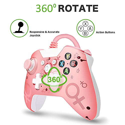 Mando con Cable, Controlador de Gamepad USB con Vibración Dual y Salida de Audio Compatible con Xbox One, Xbox One S, One X, Xbox Series x (Rosa)