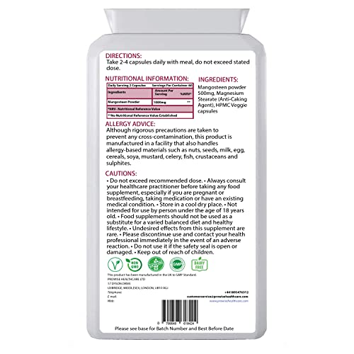 Mangostán 500 mg 120 cápsulas-Suplemento de salud antioxidante superalimento para apoyar el sistema inmunológico - Fabricado en el Reino Unido | Estándares GMP de Prowise Healthcare