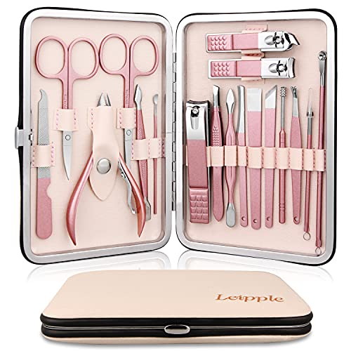 Manicura Pedicura Set 18 PCS Profesional Cortaúñas Acero Inoxidable Grooming Kit - Con Estuche De Viaje De Cuero Lujoso (Beige/Rosa)