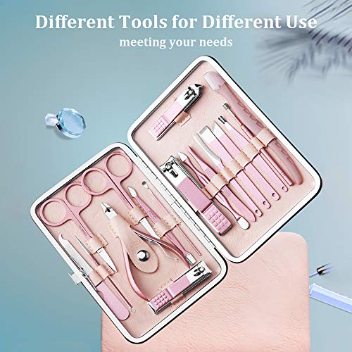 Manicure Set,18 pcs Kit deManicura Pedicura Profesional Herramientas de Cortauñas Recortador Afeitado de Cejas Herramienta de Corte de Pelo de Nariz (Rosa Rosa)