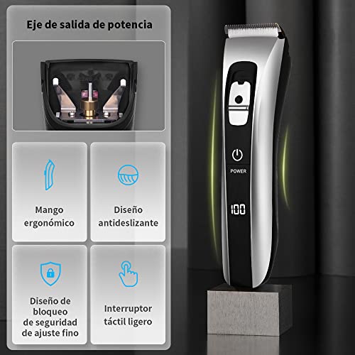 Maquina Cortar Pelo Profesional Cortapelos Hombre Recargable Inalámbrica con Peines 4-24 mm/Derecha/Izquierda Recortador Pelo Barba IPX6 Impermeable Kit Familia, Plateado